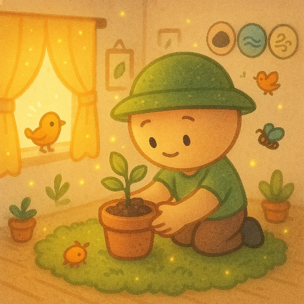 팀 버튼 스타일의 회복 계획표와 체크리스트가 놓인 따뜻한 책상 위 장면