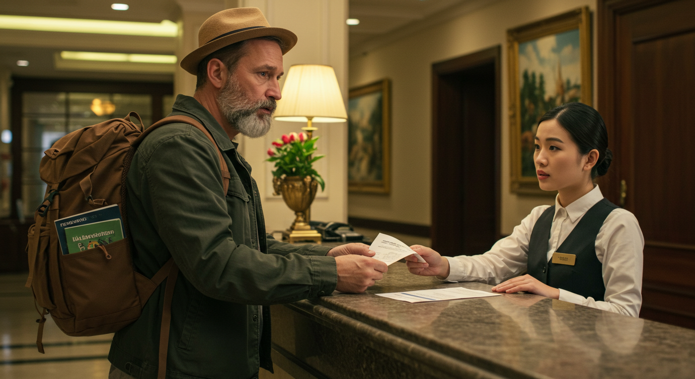 호텔 프런트에서 전쟁 상황을 설명하며 환불을 요청하는 여행자
