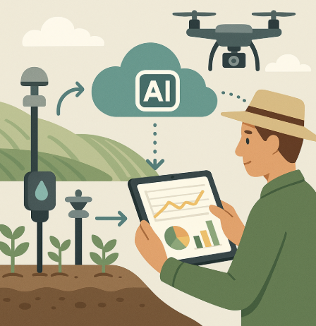 농업 자동 로깅 시스템을 표현한 인포그래픽. 농장 내 센서와 드론이 데이터를 수집해 클라우드와 AI 분석 시스템에 저장되고, 농민이 스마트 기기에서 실시간으로 확인하는 과정을 시각화한 이미지.