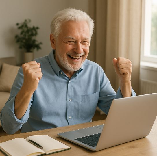 노트북으로 근무하며 웃는 노인의 모습