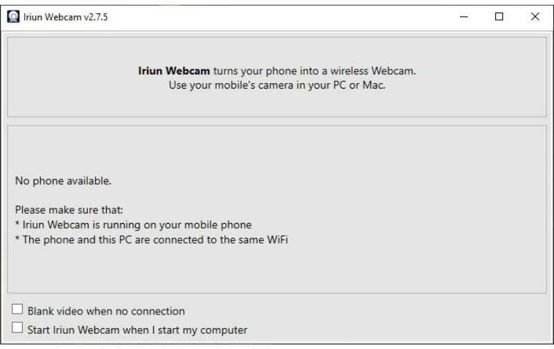 Iriun PC 프로그램 실행화면