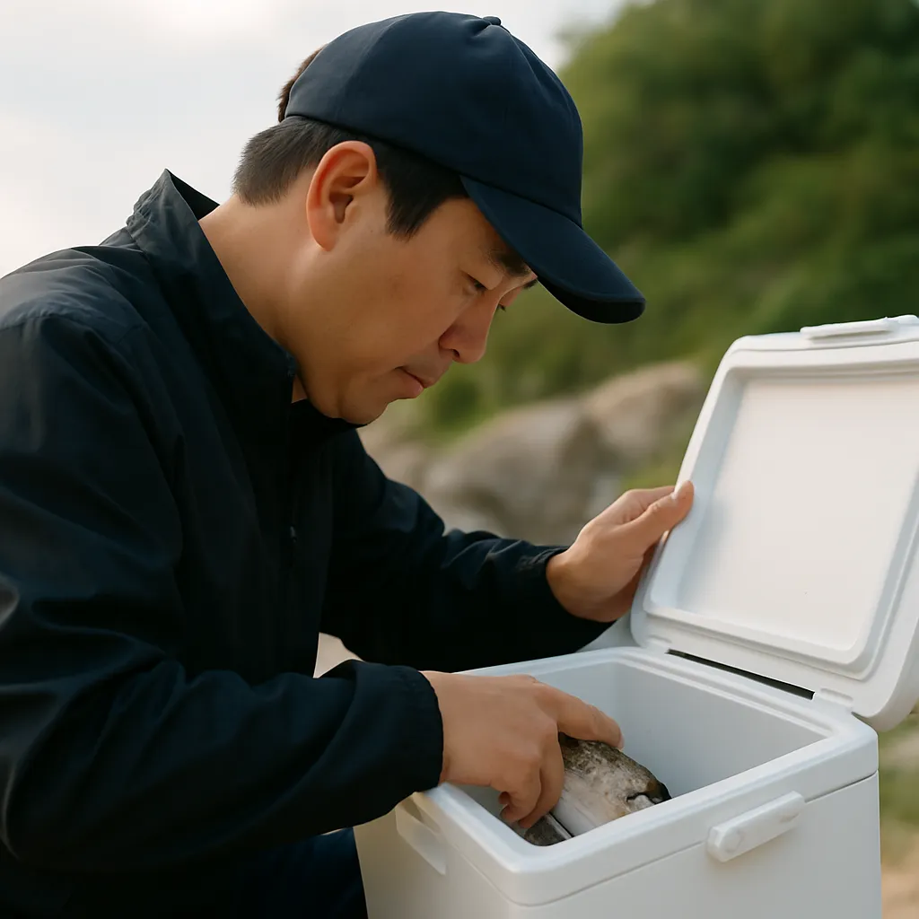 쿨러박스 안의 생선을 확인하는 남성