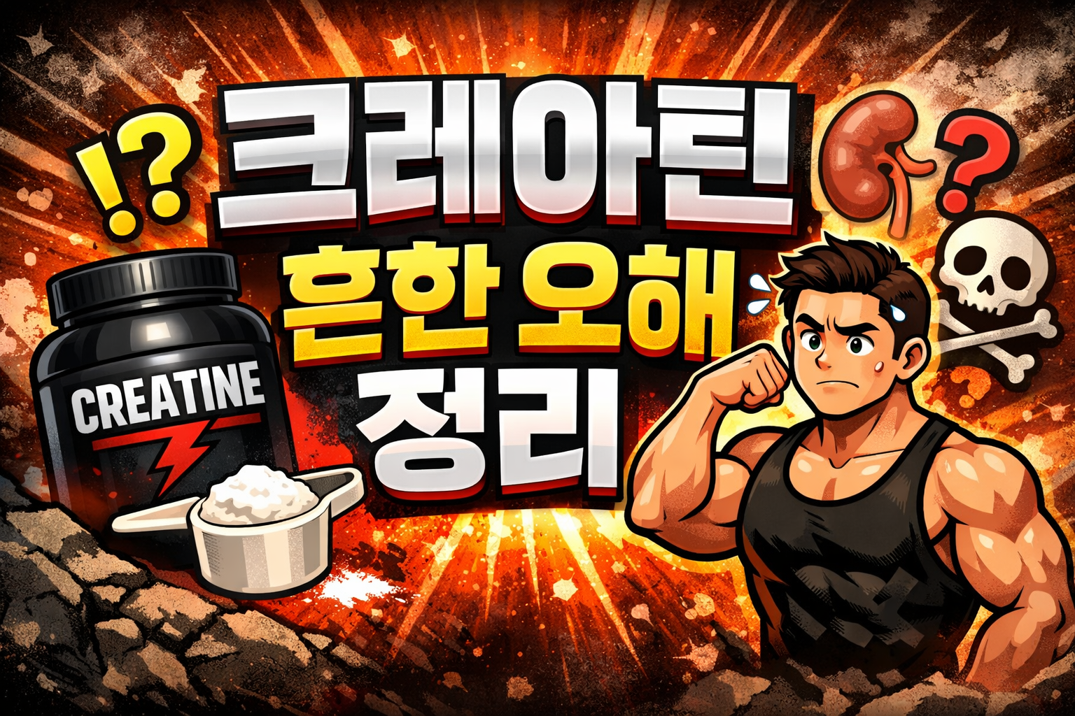 크레아틴 흔한 오해를 정리한 보충제 이미지와 근육 일러스트 썸네일