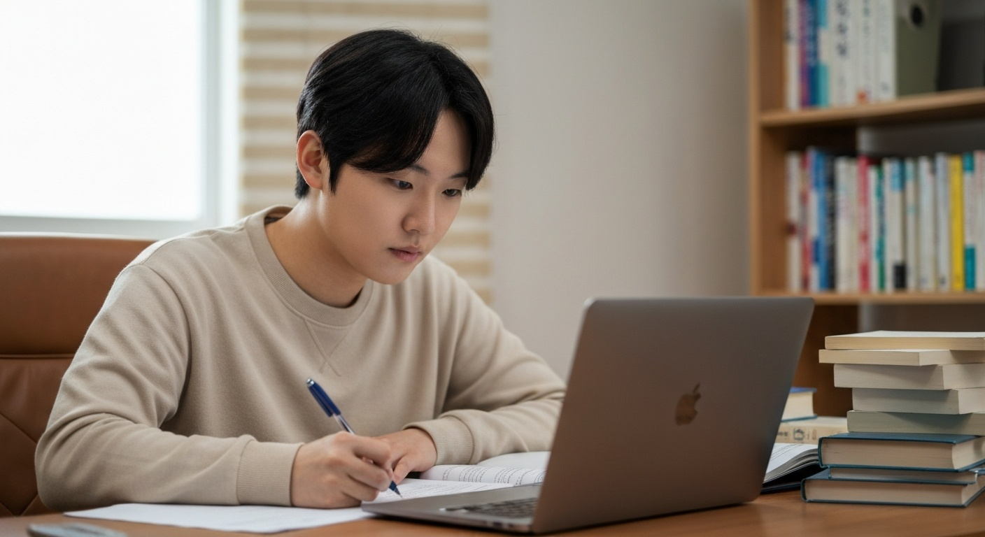 노트북으로 서류 작성하는 대학생
