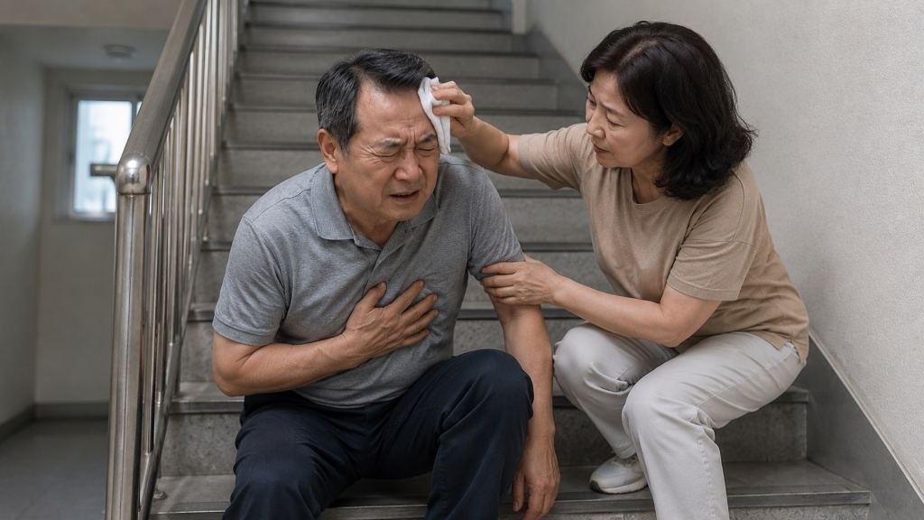가슴통증으로 아파트 계단에 앉아서 아내가 식은땀 수건으로 닦아주는 모습입니다.