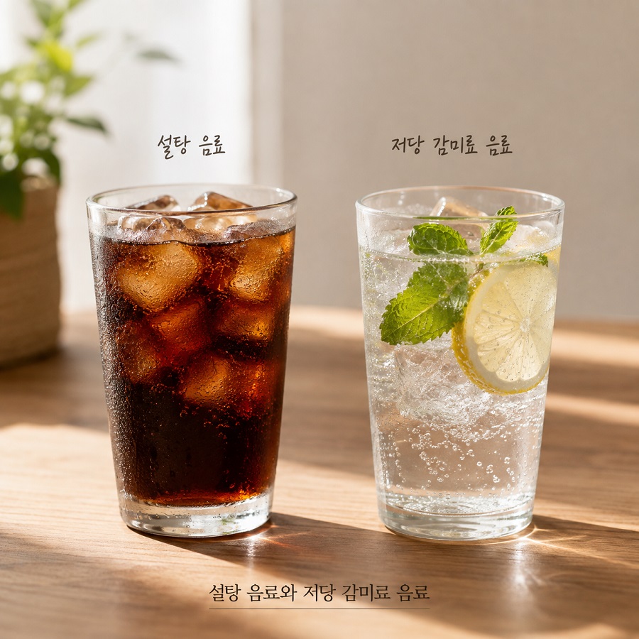 설탕 음료와 저당 감미료 음료를 식탁 위에서 비교하는 실사 이미지.
