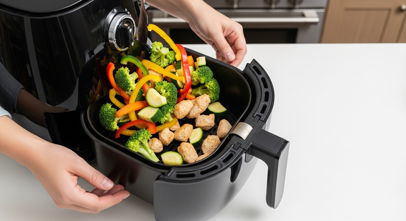 요리 중인 에어프라이어 바스켓을 흔들어 음식을 뒤섞는 손의 모습. 고른 조리를 위한 활용 팁을 보여줍니다.