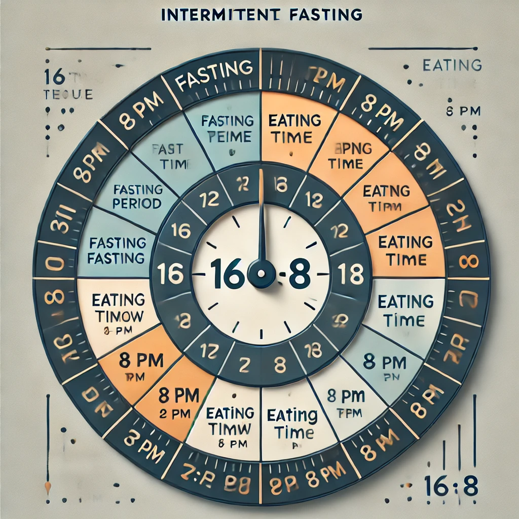 "16:8 간헐적 단식 시간표 (Intermittent Fasting Schedule) - 16시간 단식, 8시간 식사 가능 시간 시각화. 효과적인 다이어트와 건강 관리 방법. 단식 시간: 저녁 8시오전 12시 (Fasting Time: 8 PM - 12 PM), 식사 가능 시간: 오전 12시저녁 8시 (Eating Time: 12 PM - 8 PM)."