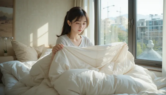 창가에서 구스 이불 관리를 위해 털고 있는 한국인 여성