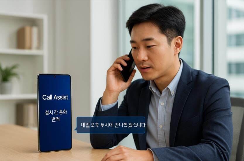 갤럭시AI의 실시간 통화 번역 기능을 사용하는 장면