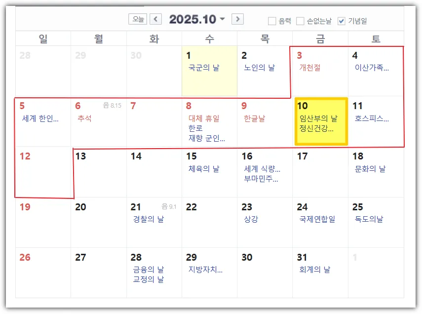 2025년 10월 10일 임시공휴일 지정시 연휴 일정