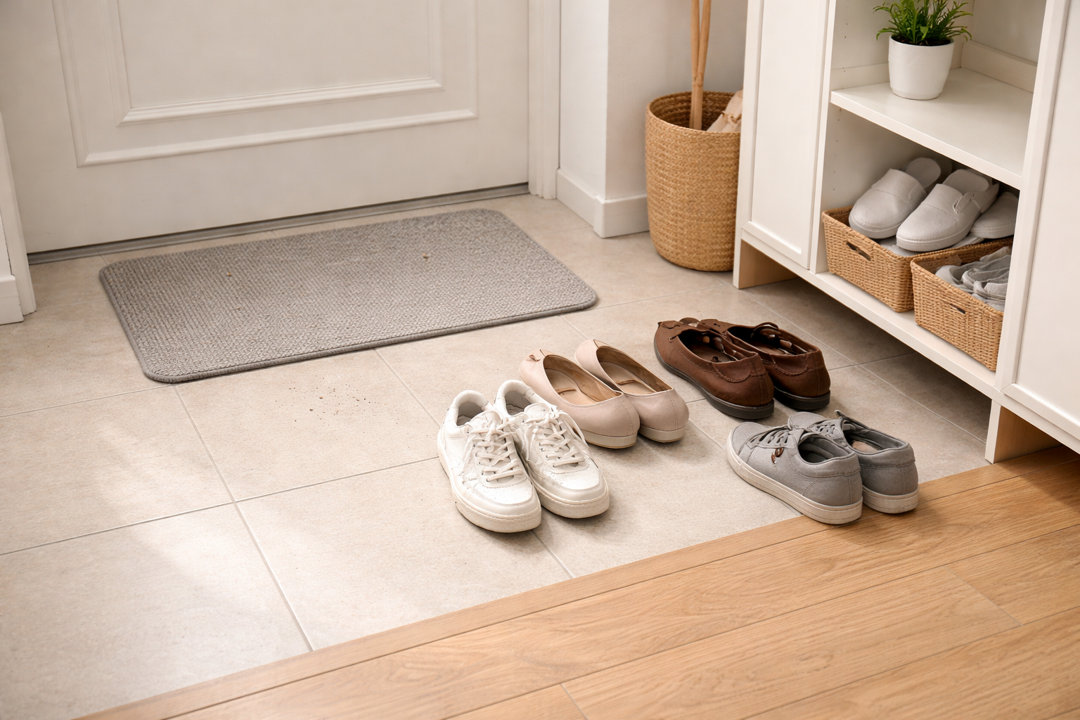 현관 바닥 먼지가 빨리 쌓일 때 점검할 청소 습관을 설명하는 현관 바닥 이미지