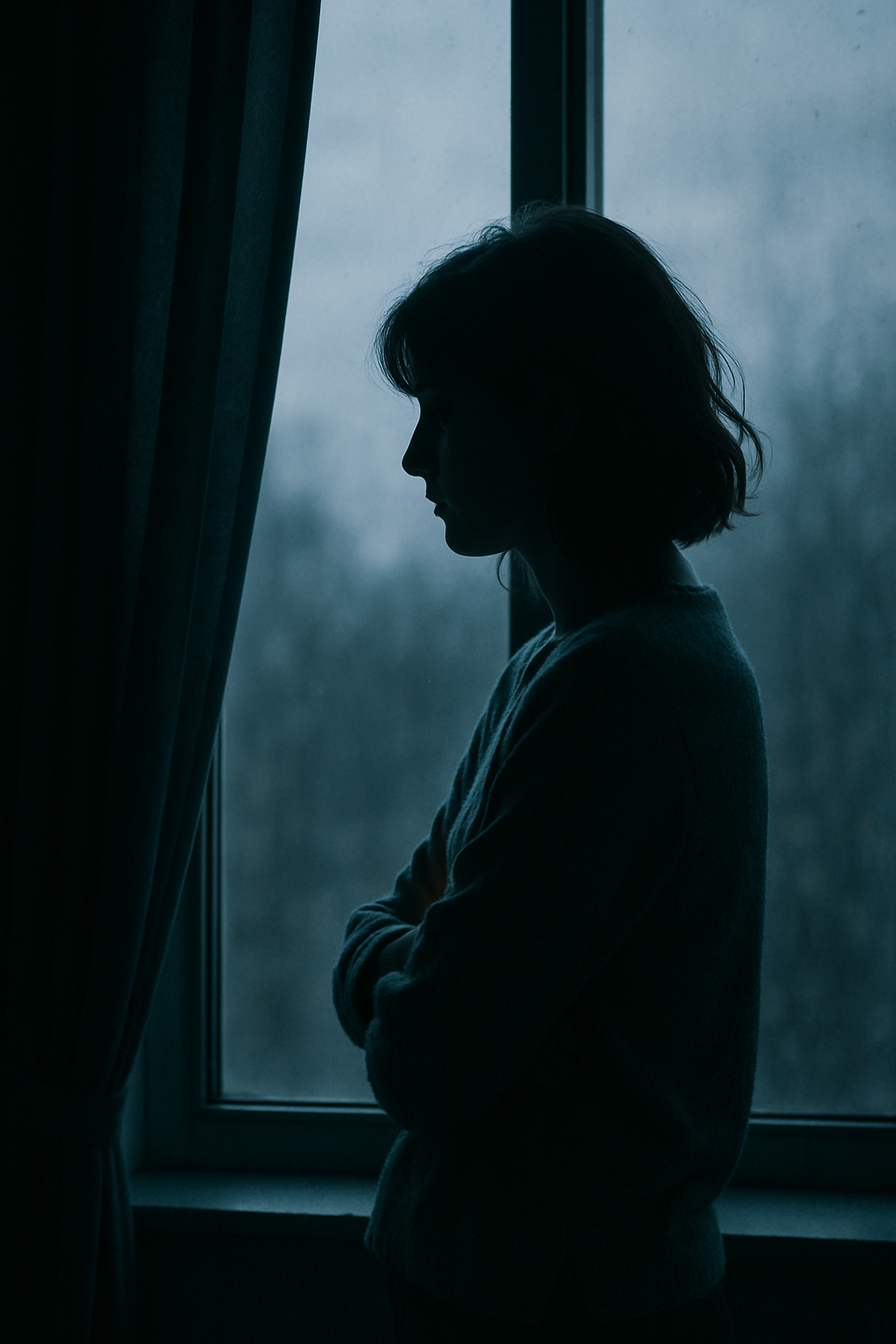 "불안한 감정을 마주하며 조용히 창밖을 바라보는 사람의 실루엣"