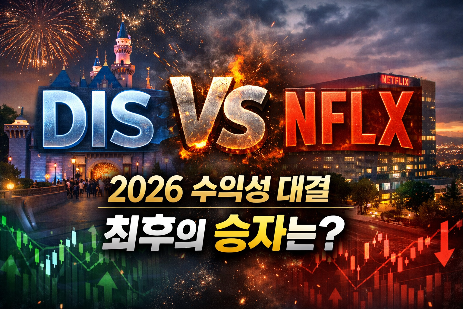 DIS와 NFLX 주식 티커를 대비해 2026년 스트리밍 수익성 대결과 최종 승자를 분석하는 실사 스타일 이미지