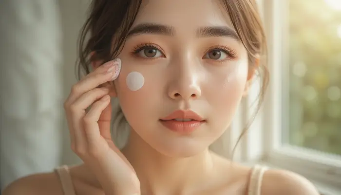 실내에서 자외선 차단제를 바르는 여성