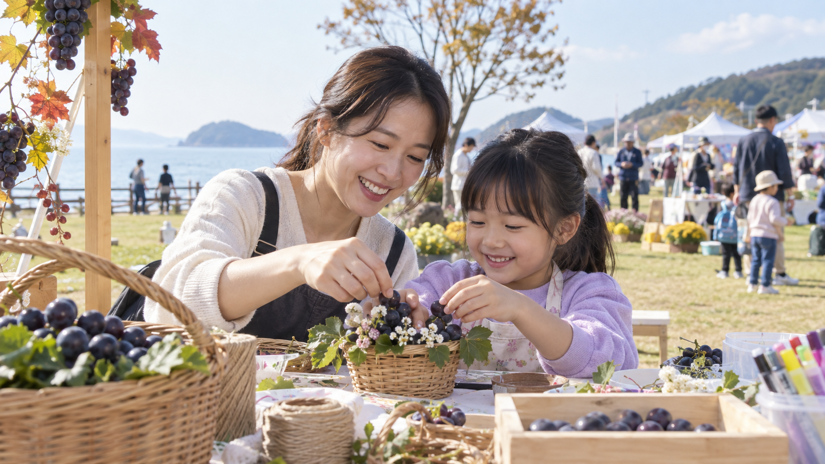 포도 소재를 활용한 체험을 함께 즐기는 보호자와 어린이