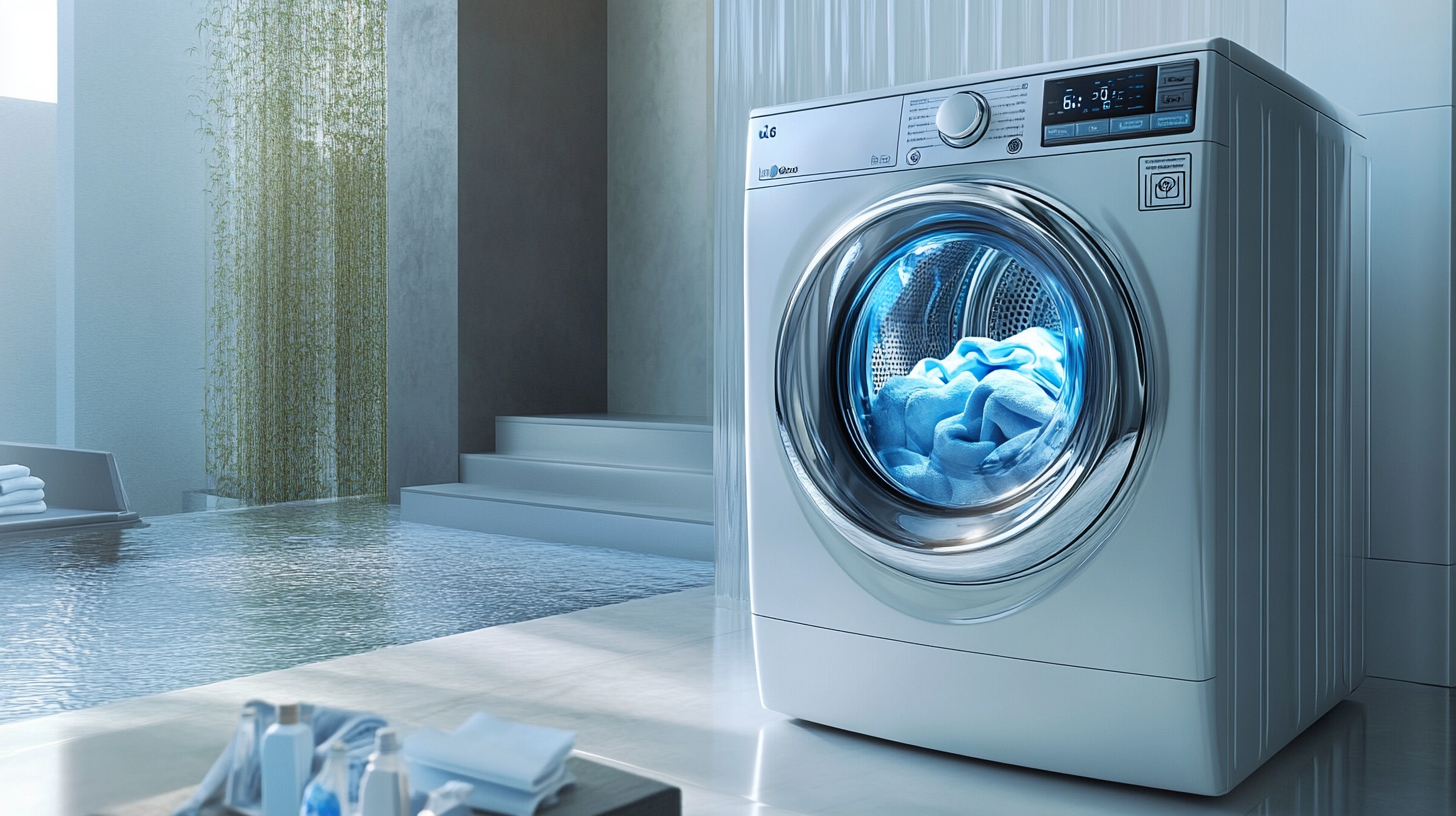 LG 워시타워의 6모션 기술이 역동적인 세탁 애니메이션과 함께 강력한 세척 효과를 보여주는 이미지입니다.