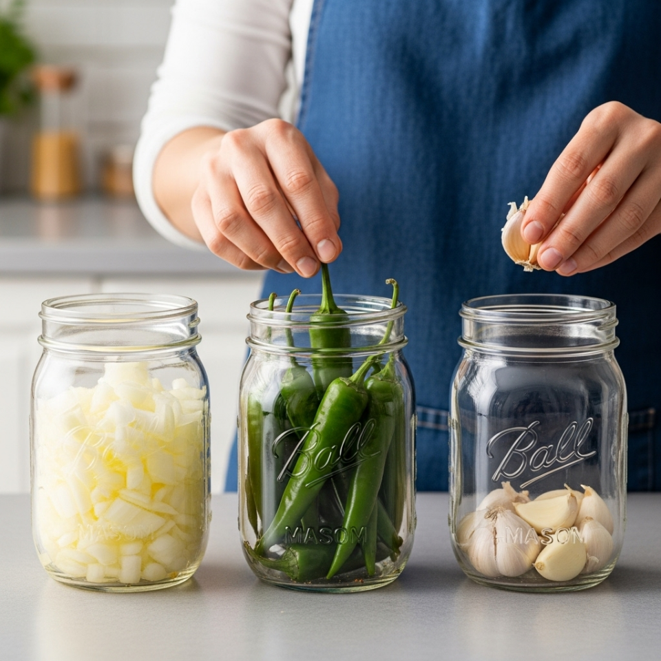 통마늘과 고추, 썰어 놓은 양파를 깨끗한 유리병에 담고 있는 모습