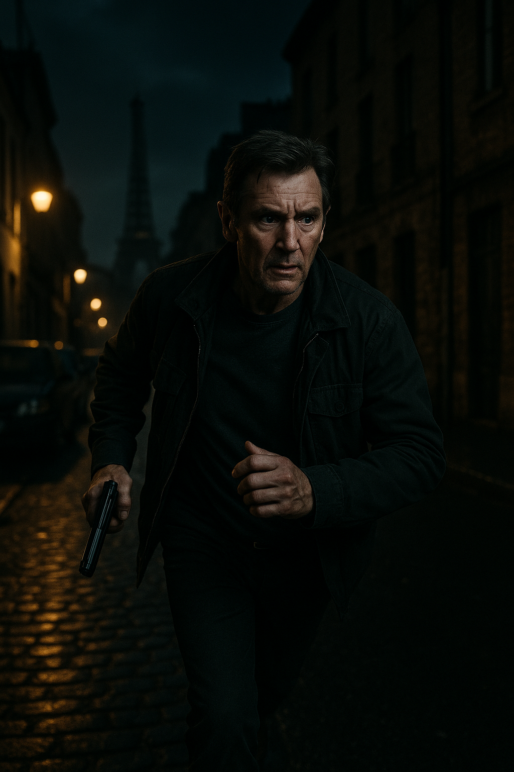 중년 남성이 어두운 골목을 빠르게 지나가는 장면. 손에는 총을 들고 있고, 표정은 절박하고 결연한 모습
