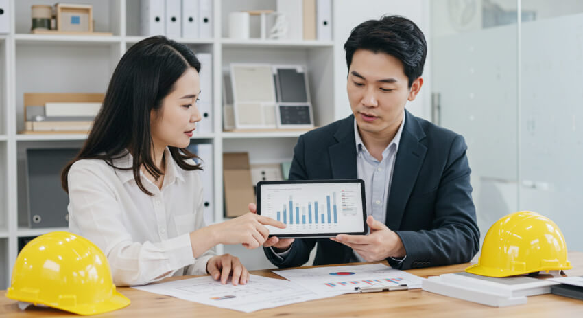 건축 설계자와 건축비를 상담하고 있는 여성