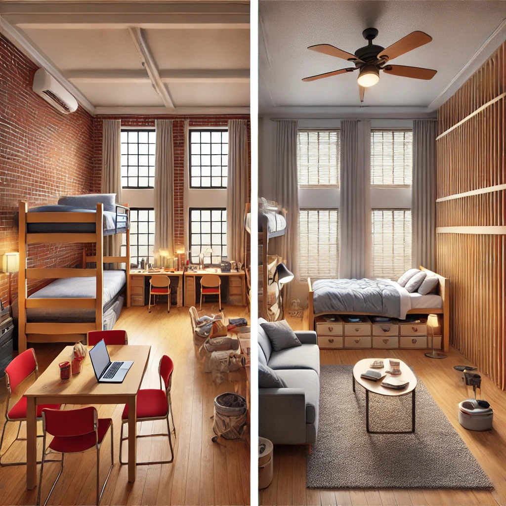 전형적인 미국 대학 기숙사와 개인 원룸의 인테리어 차이를 비교한 이미지.