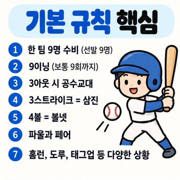 이닝 3아웃 스트라이크 볼 파울 페어 홈런 도루 등 야구 기본 규칙을 핵심 키워드로 정리한 이미지