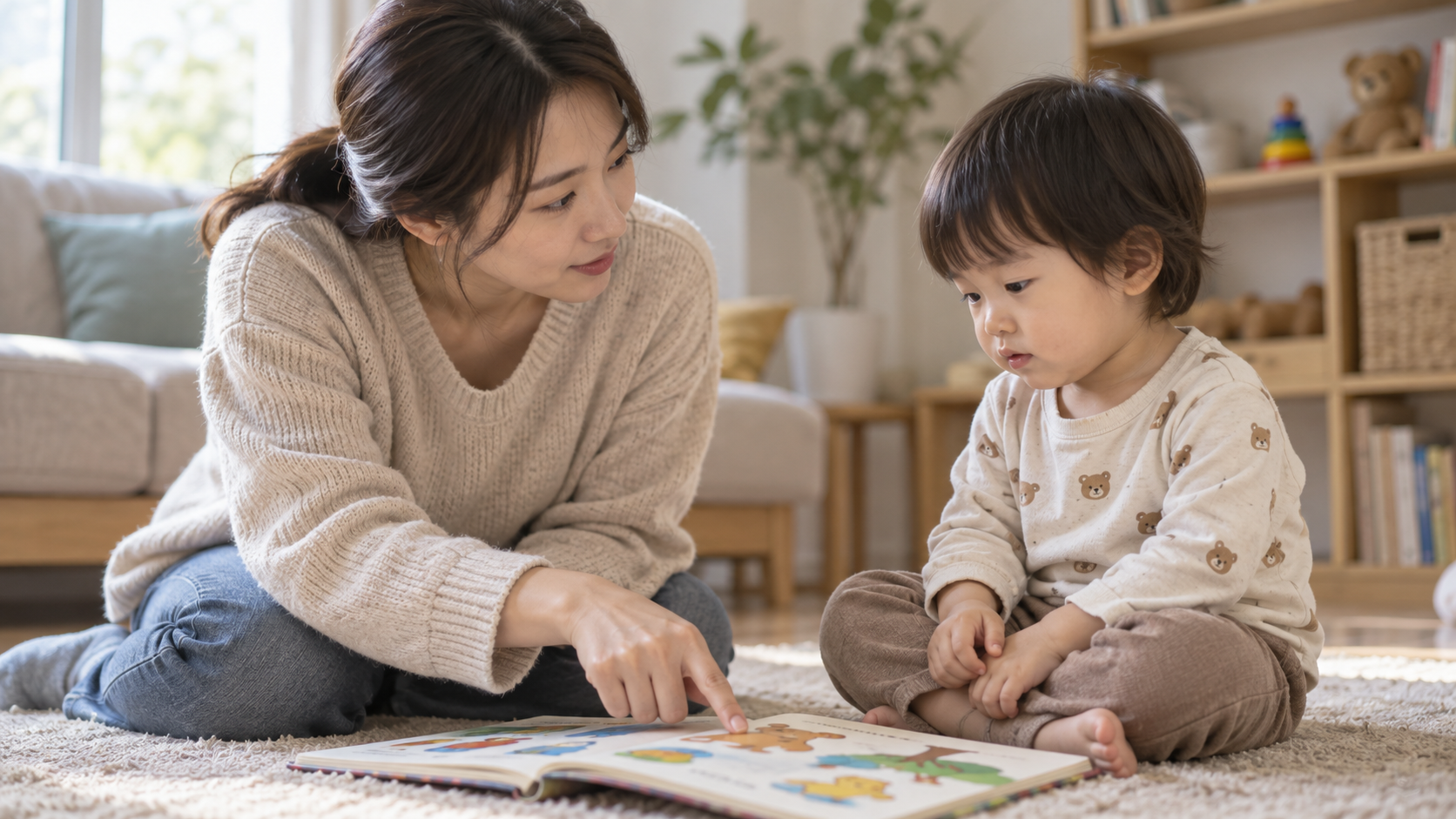 그림책을 보며 아이의 말과 몸짓에 반응하는 부모의 실제 대화 장면