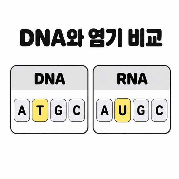 DNA의 A, T, G, C와 RNA의 A, U, G, C를 비교하고 T와 U를 노란색으로 강조한 이미지