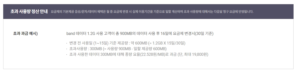 요금제 변경 시 초과 사용량 정산 안내