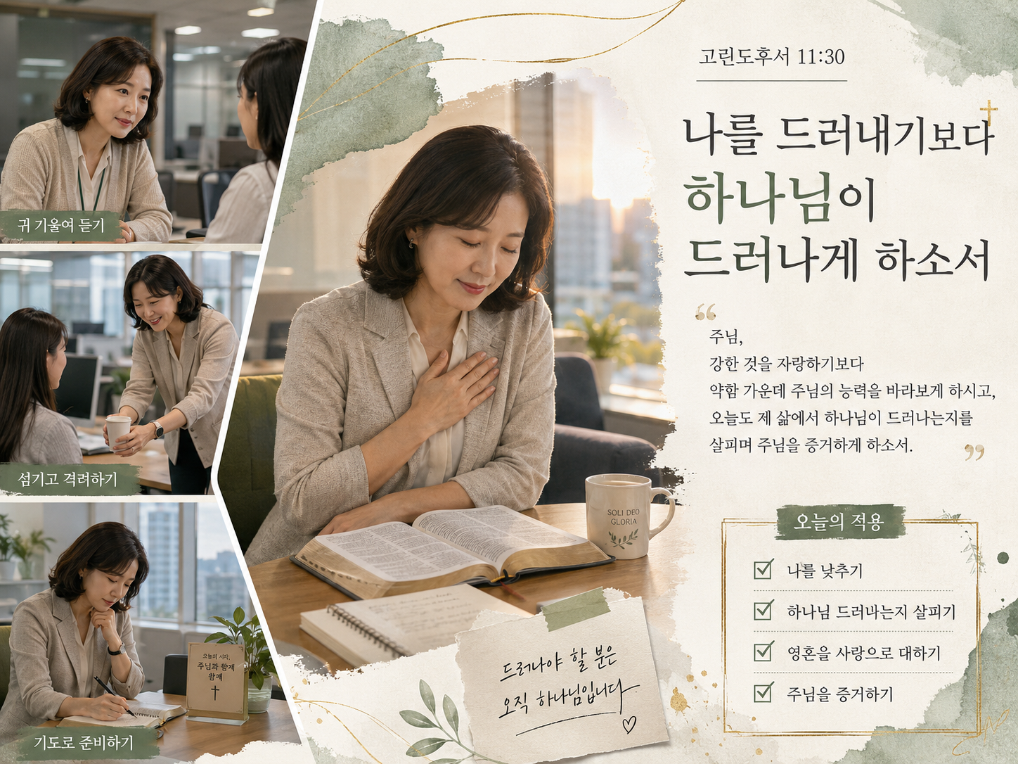 고후 11:30 말씀에서 영적인 가치관을 가진 바울이 자랑하는 것이 강한 것이 아니라 오히려 약한 것이었음을 다시 묵상하면서 주님과 동행하기를 힘써 지키는 자에게는 세상에 드러낼 것은 오직 하나님께 속한 신령한 것임을 기억하며&amp;#44; 오늘도 나를 드러내려 하기 보다 하나님이 드러나는지를 살피고 증거하는 시도를 하는 모습입니다.