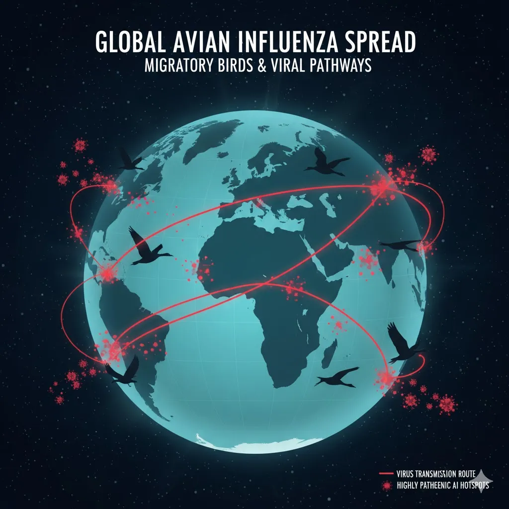 지구본 위에 철새들이 이동하는 모습과 그 경로가 붉은 선으로 표시된 지도를 그려주세요. 철새의 실루엣은 하늘을 가로지르며, 바이러스의 확산을 상징하는 작은 붉은 점들이 경로를 따라 퍼져나가는 듯한 효과를 줍니다. 글로벌한 확산의 위험성을 시각적으로 인포그래픽 형태로 표현하여 경각심을 높입니다.