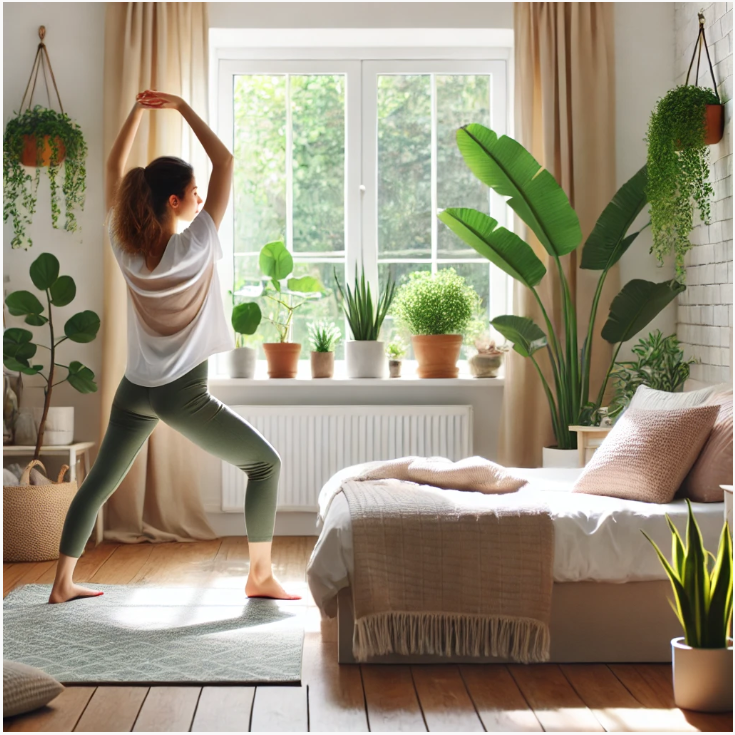 아침기상후 스트레칭하는 여성 이미지