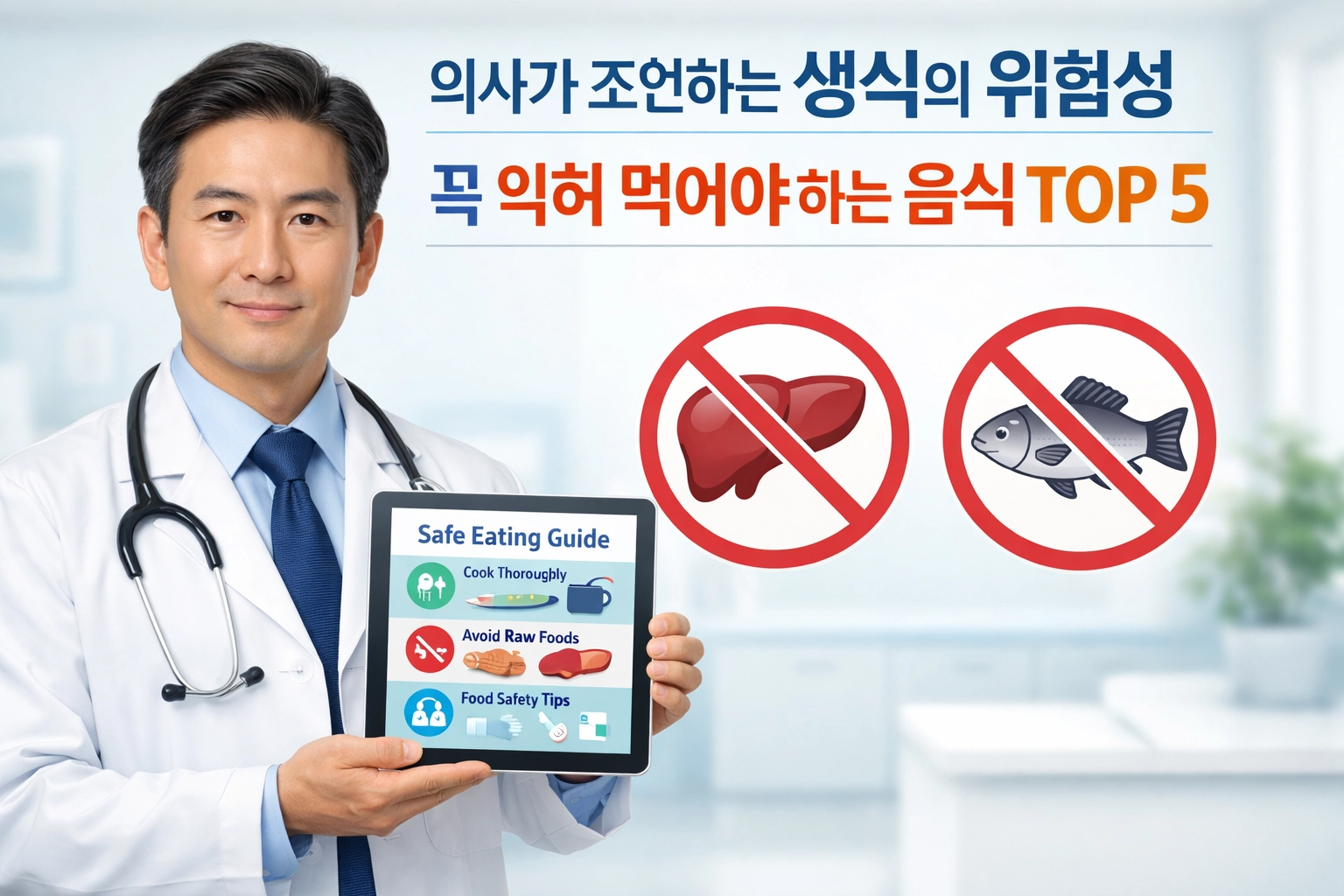 신뢰감 있는 스타일: 친절하고 전문적인 인상의 의사가 건강 가이드를 제안하는 모습을 담아 신뢰도를 높였습니다.
아이콘 기반 시각화: 기생충의 직접적인 묘사 대신, 생간과 민물고기를 상징하는 깔끔한 아이콘과 경고 표시를 사용하여 거부감을 줄였습니다.
교육적 레이아웃: 의사가 들고 있는 태블릿에 '안전한 식사 가이드' 인포그래픽을 배치하여 정보를 체계적으로 전달하는 느낌을 주었습니다.
차분한 색상: 밝고 깨끗한 병원 배경과 파란색 톤의 텍스트를 사용하여 전반적으로 안정적이고 교육적인 분위기를 조성했습니다.