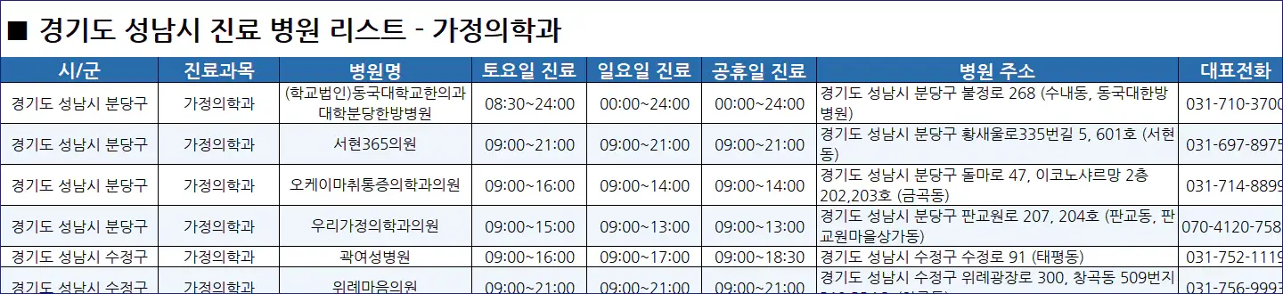 성남시-일요일-진료병원-리스트-예시