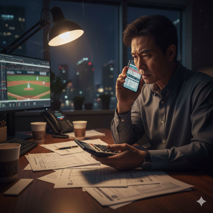 계산기나 스마트폰을 들고 고민하는 구단 관계자 이미지