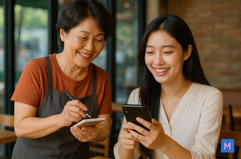 소상공인 사업자와 상담사가 함께 스마트폰과 메모를 보며 사업 상담을 하는 모습 VIA CANVA