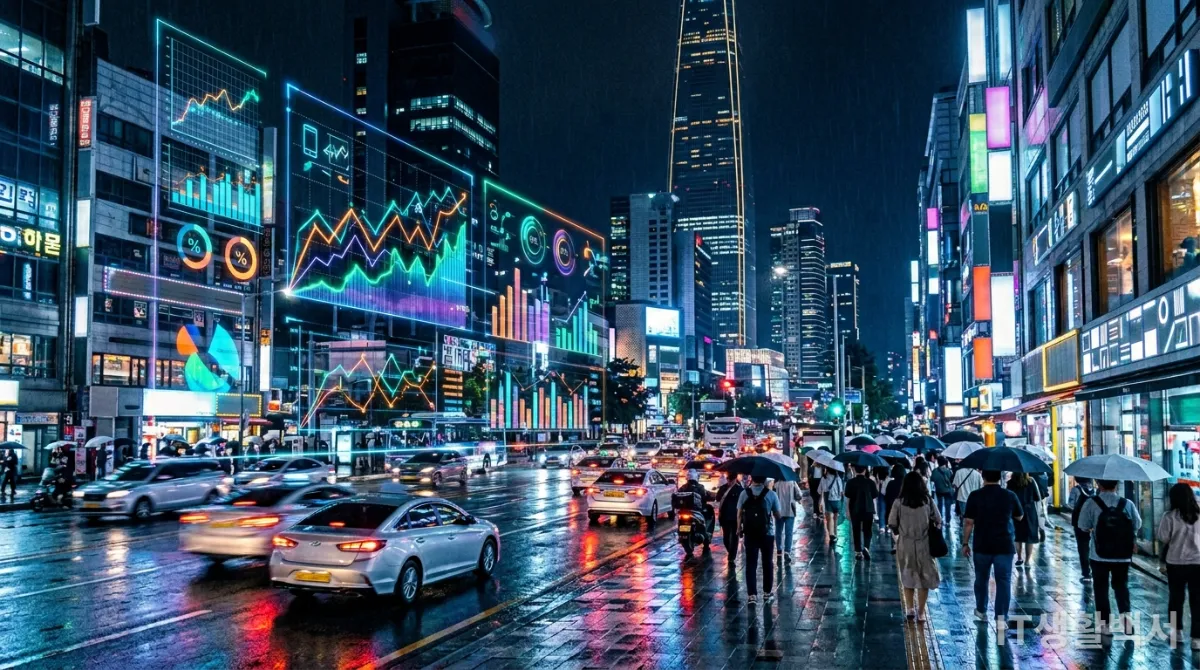 서울의 미래 도시 풍경과 스마트폰 시장 트렌드를 보여주는 홀로그램 그래프