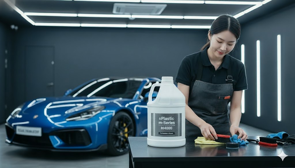 자동차 디테일링샵에서 M4000 HDPE 용기가 사용되는 모습. "sPlastic M-Series M4000 Pro Detailer's Clean" 라벨이 붙어 있으며, 여성 전문가가 작업 준비를 하고 있습니다. 4리터 대용량 용기가 전문가의 신뢰를 받는 플라스틱 용기임을 보여줍니다. (M4000 용기가 자동차 디테일링샵 작업대에 놓여 있고, 여성 모델이 작업복을 입고 용기 옆에서 도구를 정리하며 작업 준비를 하는 모습. 대용량 용기의 전문성과 산업 표준으로서의 위치를 강조합니다.