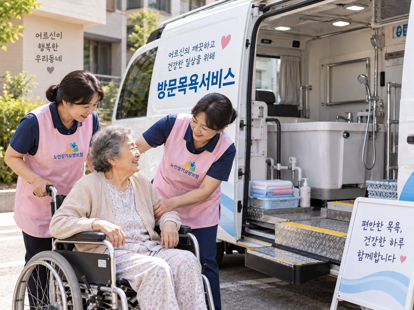 방문목욕 차량과 요양보호사가 어르신의 목욕과 이동을 돕는 모습
