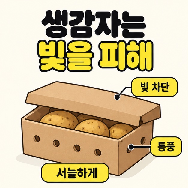 감자를 담은 통풍 구멍 있는 종이상자에 덮개를 두고 빛 차단, 통풍, 서늘하게라는 보관 조건을 연결한 이미지