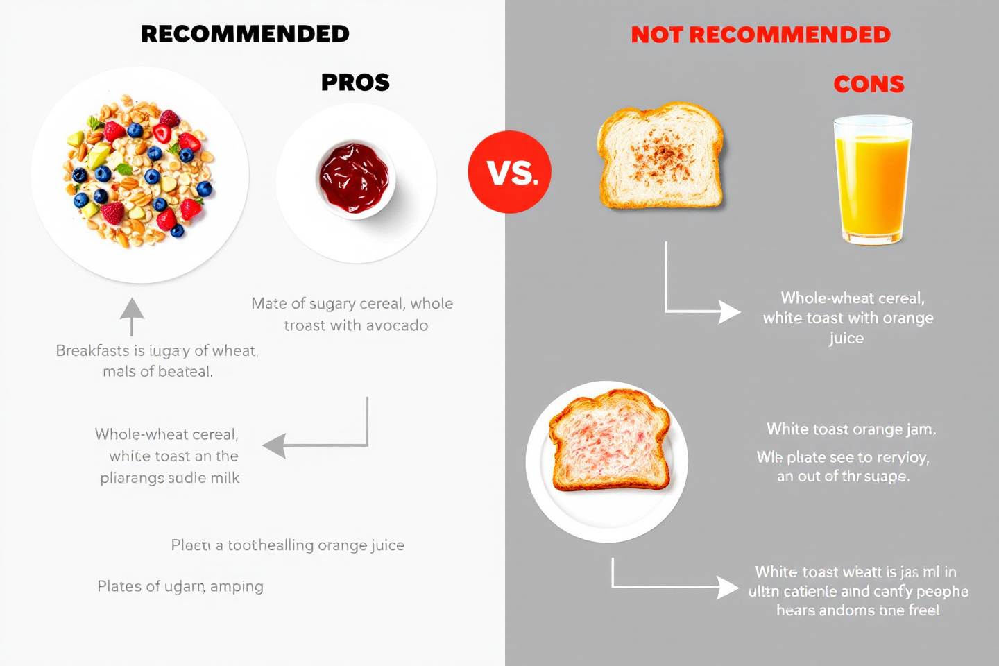 당뇨 환자를 위한 아침 식사 추천 식단 vs 피해야 할 식단 비교 인포그래픽"