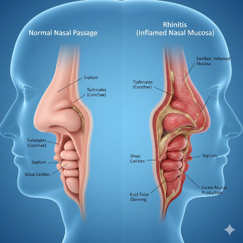 비염으로 부어오른 비강 점막과 정상 점막의 비교 도식도