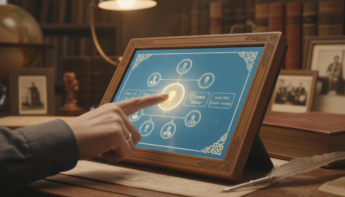 2026년형 디지털 족보 서비스를 통해 자신의 뿌리를 찾는 모습