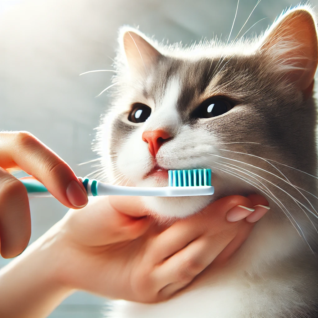 고양이의 이를 부드럽게 닦아주는 모습