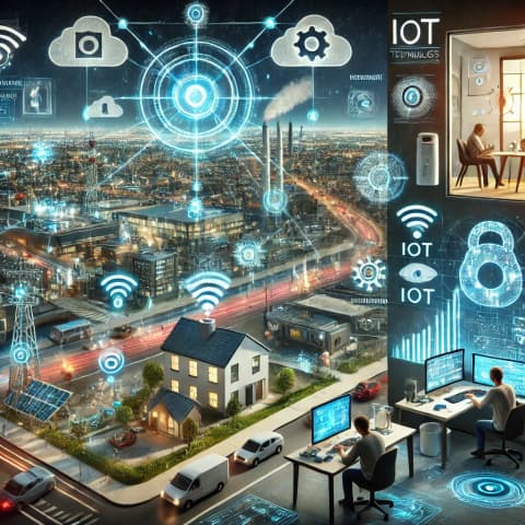 스마트 홈 내부와 IoT 센서 네트워크를 보여주는 이미지
도시 전경에 설치된 IoT 센서, 데이터 시각화 화면
IoT 기기를 활용한 산업 현장 모습
개발자들이 협업하며 IoT 시스템을 구축하는 모습