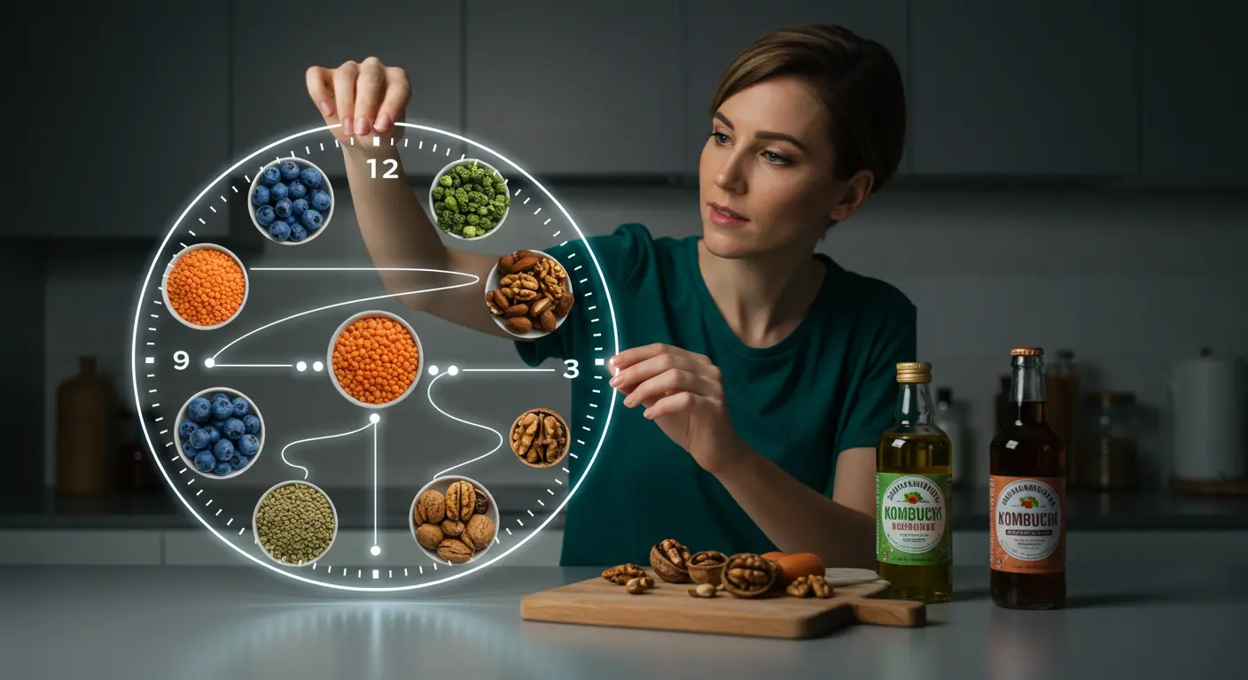 40대 여성이 블루베리, 렌틸콩, 호두로 구성된 저속노화 식단 시계를 조절하는 모습
