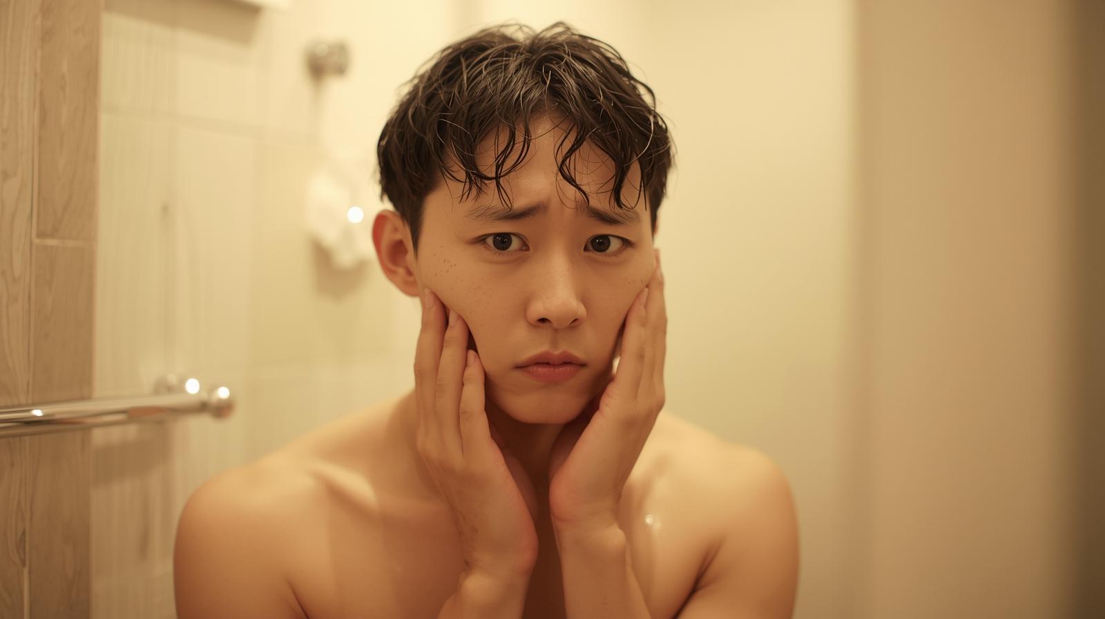 샤워 후에도 냄새가 남아 고민하는 사람의 모습. 깨끗하지만 뭔가 찜찜한 표정.
