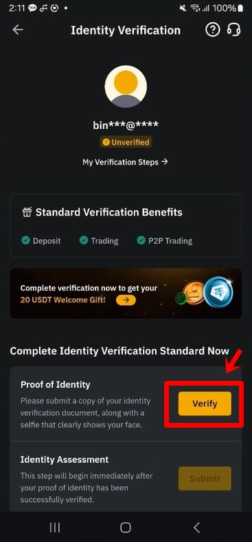 Proof if Identity 옆에 Verify 버튼을 화살표로 가리키고 있다.