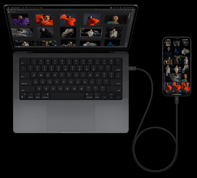 맥북과 아이폰이 C단자와 연걸된 모습