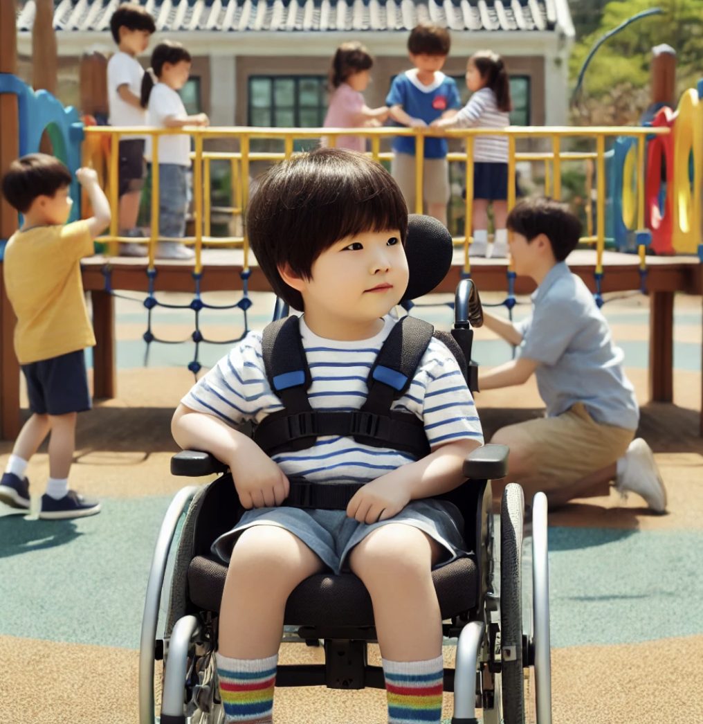 놀이터에서 어린이용 휠체어를 사용하는 아이
